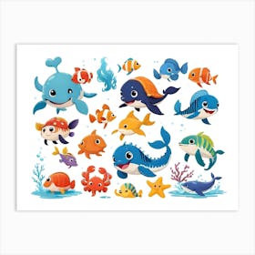 Cute Marine Animals Collection 1 Art Print