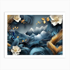 3d Tropical Leaf Branches and Flowers with Peacock Feathers Art Print