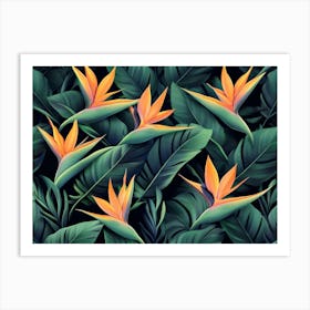 Seamless Pattern, Tropical Strelitzia Flowers, Palm Leaves In Green Color 2 Art Print