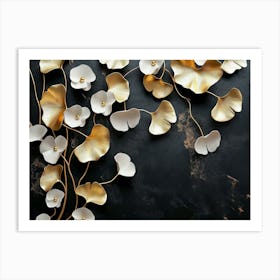 Floral With Golden Ginko Biloba Leaves and White Flowers Art Print