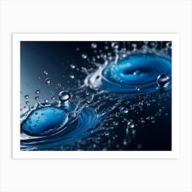 Two Blue Water Droplets Fall Into A Body Of Water, Creating A Splash With Ripples And Smaller Droplets Art Print