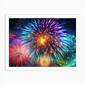 Colorful Fireworks Display Against A Starry Sky Art Print