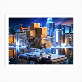 Online Shopping Concept With Laptop And Shopping Cart In City Art Print