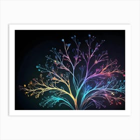 Abstract Tree With Colorful Glowing Branches On A Dark Background Art Print