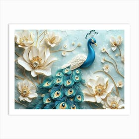 3d Peacock Illustration Background With Golden Jewelry And Flowers 3 Art Print