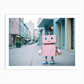 A Pink Cardboard Robot With Blue Shoes Is Standing On A City Street Art Print