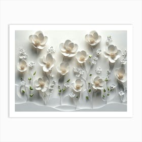 A Serene 3d Artwork Featuring a Display of Flowers on A Soft White Background Art Print