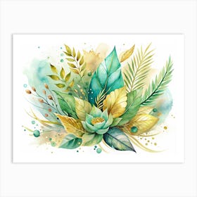 Watercolor Painting Of A Green And Gold Tropical Flower And Leaves Art Print