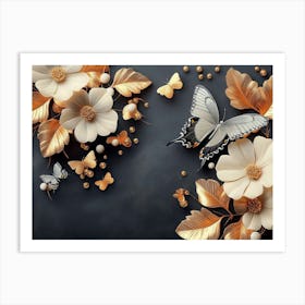 Gold Butterflies And Flowers Art Print