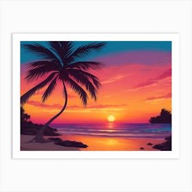 A Tranquil Beach At Sunset Horizontal Illustration 2 Art Print