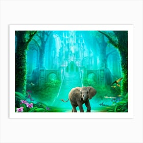 Baby Elephant Turquoise Hue Frolicking In A Fantasy Forest Oversized Luminous Orchids Towering Ab Art Print