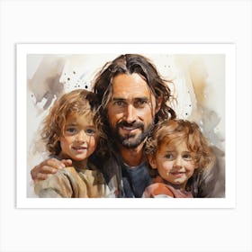 Jesus with little children - watercolor painting. 4 Art Print
