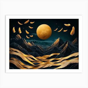 Golden Moon With Feathers Art Print