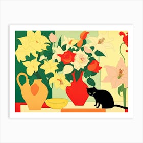 Cat And Flowers 1 Art Print