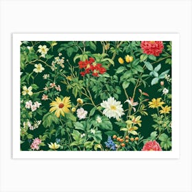 An Intricately Detailed Botanical Wallpaper Depicting A Lush Green Summer Garden Bursting With Flor Art Print