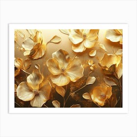 Golden Floral Background, Gold Flowers, 4k Abstract Vintage Flower, Luxurious Nature Art Print