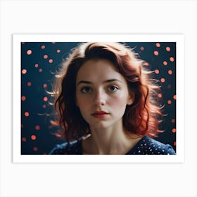 Portrait Of A Young Woman With Red Hair And Freckles Against A Dark Background With Glowing Bokeh Lights Art Print