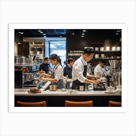 Cafeteria Interior Bustling With Activity Baristas In Checkered Aprons Preparing Espresso Drinks P (5) Art Print