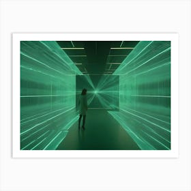 An Illustration Of A Woman Standing In A Futuristic Corridor With Glowing Green Lines Art Print