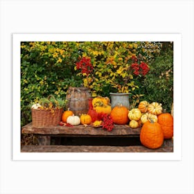 Autumnal Still Life Composition Featuring A Wooden Table Set In A Rustic Garden During The Golden Ho (6) Art Print