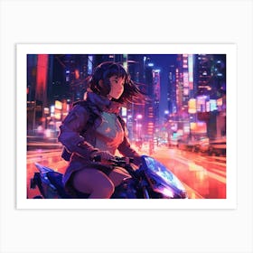 Confident woman on a sleek motorbike Art Print