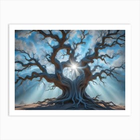 A Fantastical Image Of An Ancient Tree With Twisted Branches, Reaching Towards A Bright Sun Shining Through Its Center, Creating A Sense Of Mystery And Magic Art Print