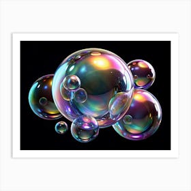 Group Of Iridescent Bubbles On Black Background Art Print