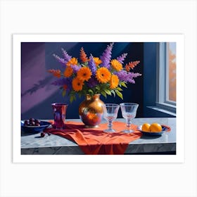 A Still Life Image Of A Vase Filled With Orange And Purple Flowers, Placed On A Table With A Red Cloth, Two Glasses, And A Bowl Of Fruit Art Print