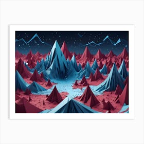 Abstract Landscape Composed Of Geometric, Blue And Red Mountains Art Print