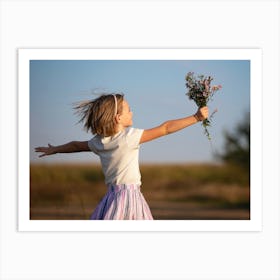 Little Girl Holding A Bouquet Of Flowers Art Print