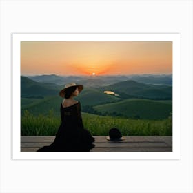 Evening View Of An Asian Woman Perched Solo On A Wooden Terrace Decked In A Summer Hat Her Black At (4) Art Print