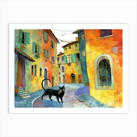 Black Cat In Ancona, Street Art Watercolour Painting 3 Art Print