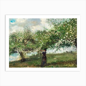 Girl Picking Apple Blossoms Vintage Floral Painting Art Print