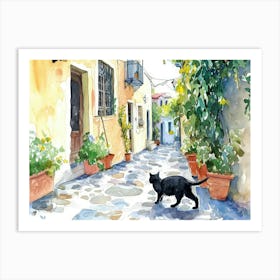 Thessalonik, Greece   Cat In Street Art Watercolour Painting 1 Art Print