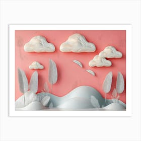 3d Pastel Pink Background Silver Feathers Dreamy Clouds and Unique Art Print