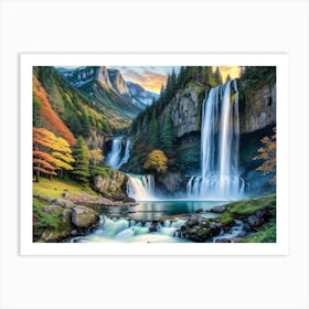 Mountain Waterfall In Autumn - Ai Art Print