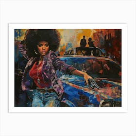 1970s streets with woman posing, Funk art style Art Print