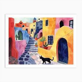 Santorini, Greece   Cat In Street Art Watercolour Painting 2 Art Print