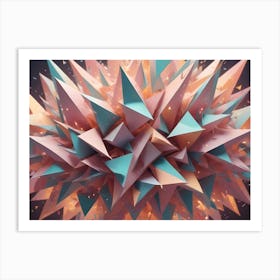 A 3d Rendering Of A Spiky, Abstract Sphere Made Of Pink, Orange, And Teal Triangles, With Sparks Flying Outward From Its Core Art Print