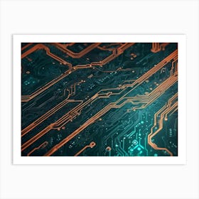 Abstract Close Up Of A Circuit Board With Intricate Patterns And Glowing Orange And Green Lines Art Print