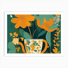 Orange Flowers In A Teapot Art Print