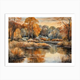 Autumn Pond Landscape Painting (39) Art Print
