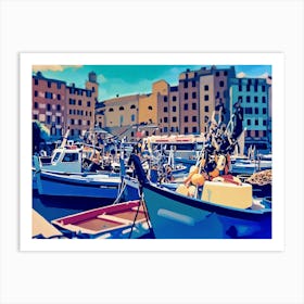 Fishing Boats In Port. A vibrant digital painting depicts a harbor scene with several boats docked along a waterfront. The boats are primarily blue and white, with some featuring red accents. They are filled with fishing nets and other equipment, suggesting a working harbor. The background features a row of colorful buildings with windows and balconies, painted in shades of yellow, orange, and brown. Art Print