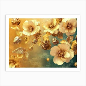 Golden Floral Background, Abstract Vintage Flower Design, Gold Nature 3 Art Print