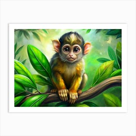 A Cute, Yellow Monkey Sitting On A Branch In A Green Jungle Art Print