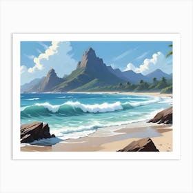 Tropical Beach Landscape With Lush Green Mountains And Waves 2 Art Print