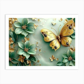 3d Abstract Floral Background with Green Flowers and Golden Butterfly 2 Art Print