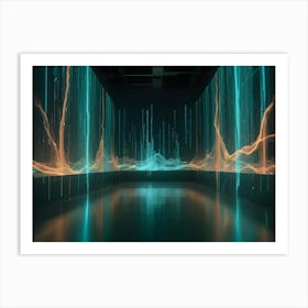 A Dark Room With A Large Screen Displaying A Colorful Abstract Image Of A Landscape With Teal, Orange, And Black Lines Art Print