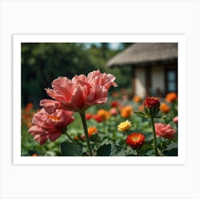 Pink Flowers In Front Of A House Art Print