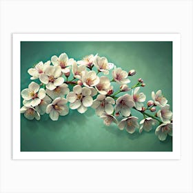 White Cherry Blossoms Branch On A Green Background Art Print